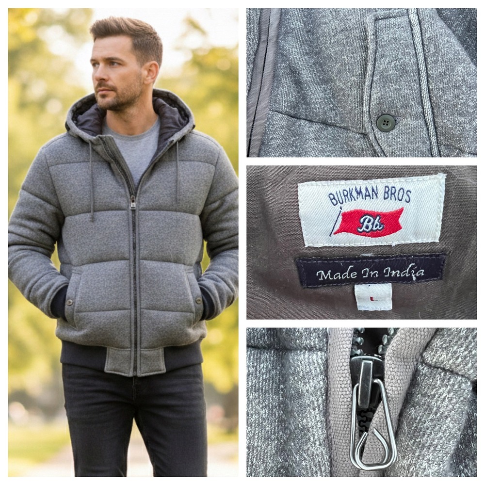 Burkman Bros Quilted Bomber Jacket Men's Lined Hooded Grey Heather Large Revolve